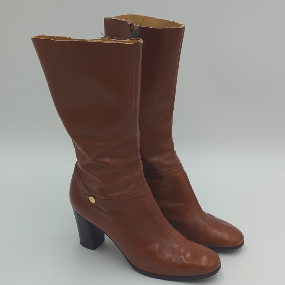 Vintage Ferragamo Leather Heeled Boots 10M Mid Calf Zip Up Classic Gold Upcycled